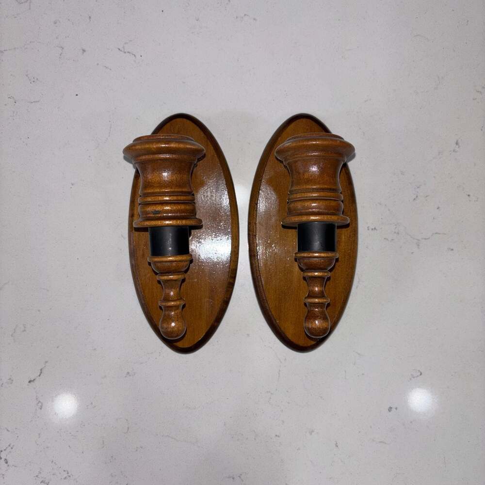 Vintage Solid Wood and Black Metal Wall Sconce Candle Holders Set of 2